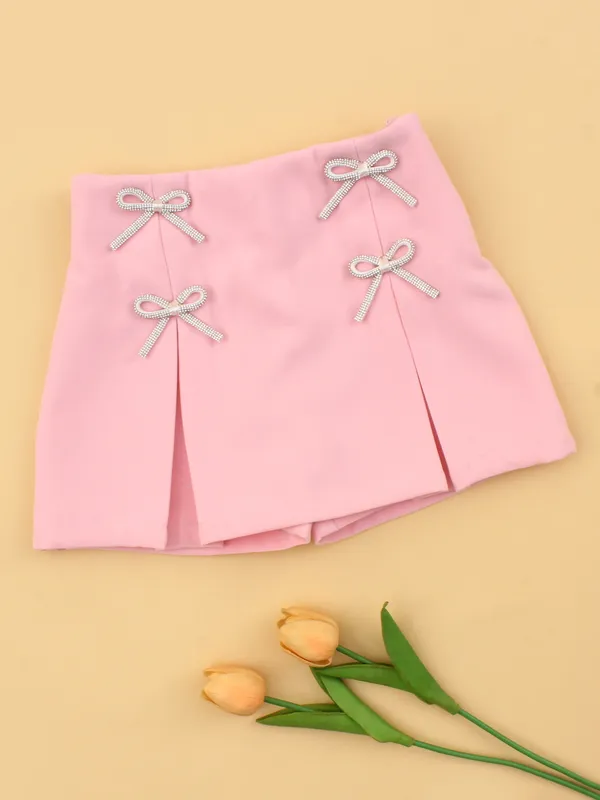 Girls_Peach_Skort,_Heavy_Georgette_Embellished_Bow_Party_Wear_Skort_for_Kids