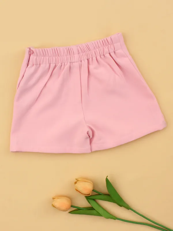 Girls_Peach_Skort,_Heavy_Georgette_Embellished_Bow_Party_Wear_Skort_for_Kids