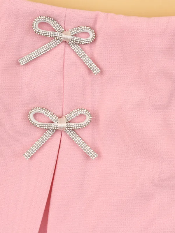 Girls_Peach_Skort,_Heavy_Georgette_Embellished_Bow_Party_Wear_Skort_for_Kids