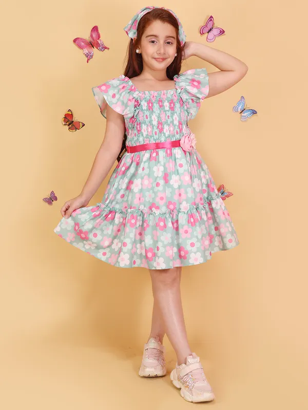 Girls_Blue_Fit_Flare_Knee_Length_Dress_with_Scarf_Printed_Cotton_Party_&_Casual_Wear