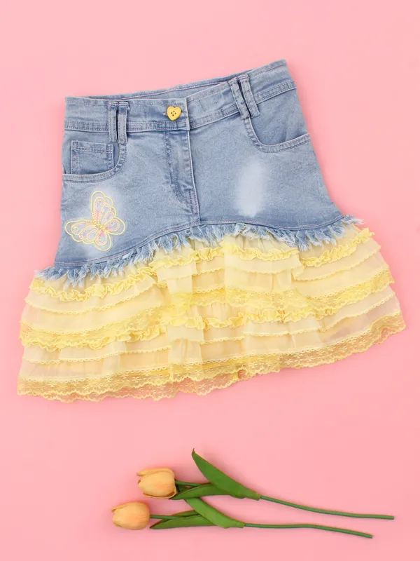 Girls_Blue_Yellow_Denim_Lace_Skirt,_Flare_Butterfly_Applique_Stylish_Layered_Casual