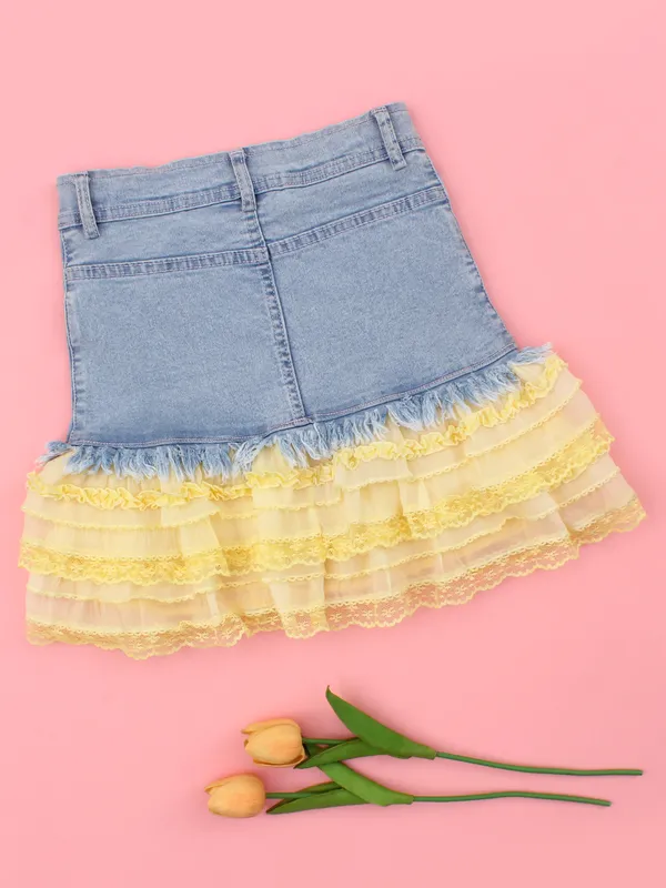 Girls_Blue_Yellow_Denim_Lace_Skirt,_Flare_Butterfly_Applique_Stylish_Layered_Casual