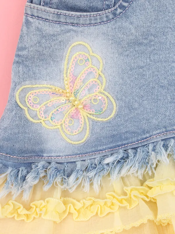 Girls_Blue_Yellow_Denim_Lace_Skirt,_Flare_Butterfly_Applique_Stylish_Layered_Casual