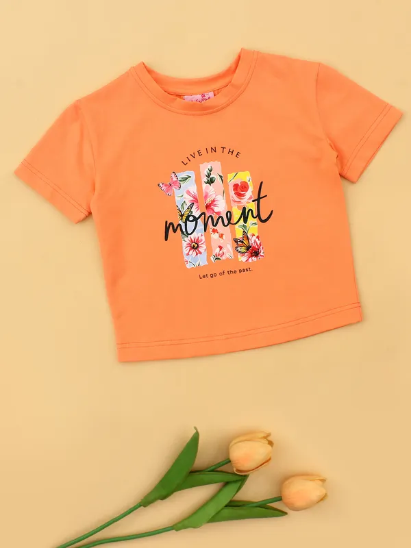 Girls_Orange_Floral_Printed_Breathable_Cotton_Top_Fancy_Applique_Patch