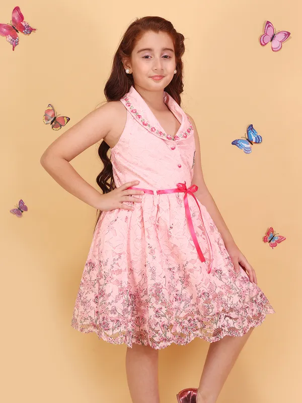 Girls_Peach_Round_Neck_Sleeveless_Glitter_&_Palm_Net_Layered_Knee-Length_Partywear