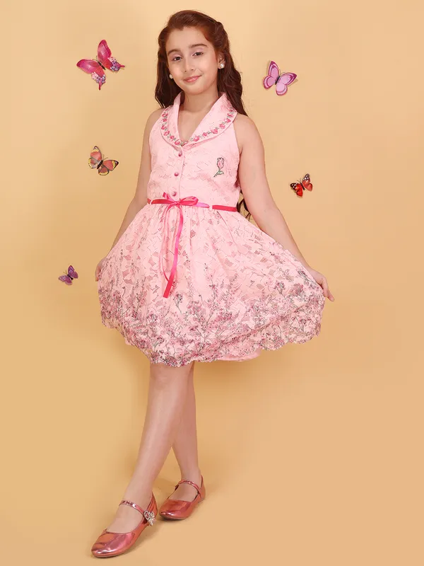 Girls_Peach_Round_Neck_Sleeveless_Glitter_&_Palm_Net_Layered_Knee-Length_Partywear