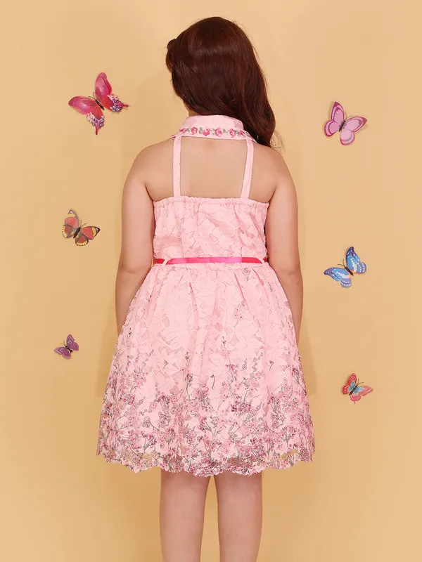 Girls_Peach_Round_Neck_Sleeveless_Glitter_&_Palm_Net_Layered_Knee-Length_Partywear