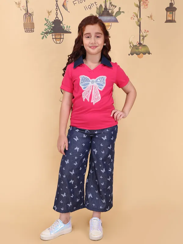 Girls_Fuchsia_Top_Pajama_Set_Collar_Neck_Short_Sleeve_Knit_Top_Silky_Denim