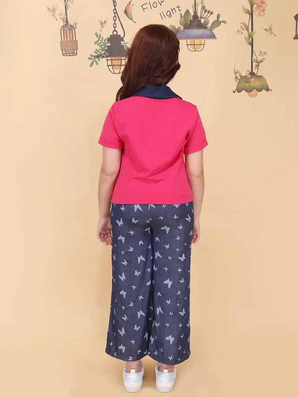 Girls_Fuchsia_Top_Pajama_Set_Collar_Neck_Short_Sleeve_Knit_Top_Silky_Denim