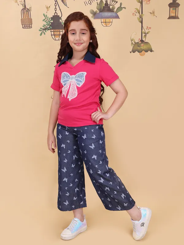 Girls_Fuchsia_Top_Pajama_Set_Collar_Neck_Short_Sleeve_Knit_Top_Silky_Denim