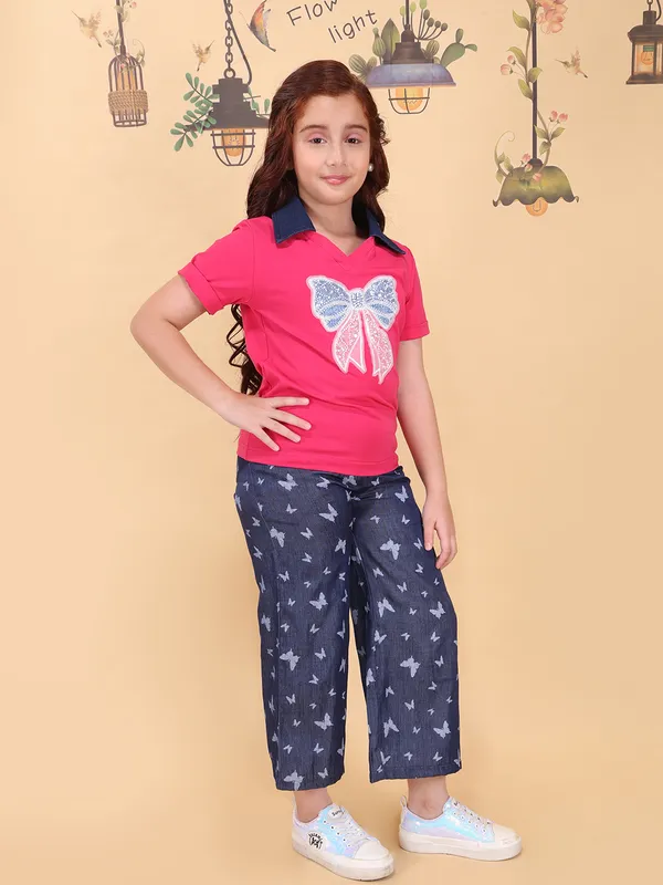 Girls_Fuchsia_Top_Pajama_Set_Collar_Neck_Short_Sleeve_Knit_Top_Silky_Denim