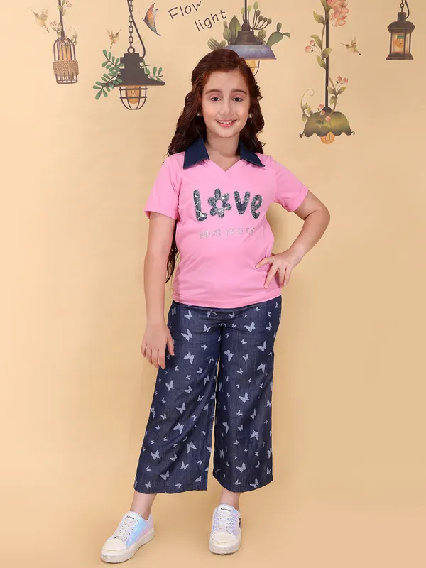 Girls_Pink_Top_Pajama_Set_Collar_Neck_Short_Sleeve_Knit_Top_Silky_Denim_Bottom