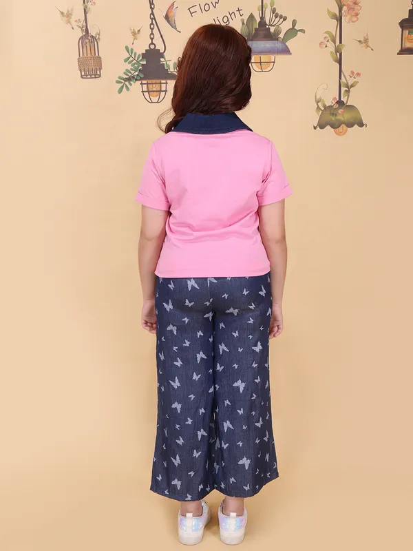 Girls_Pink_Top_Pajama_Set_Collar_Neck_Short_Sleeve_Knit_Top_Silky_Denim_Bottom