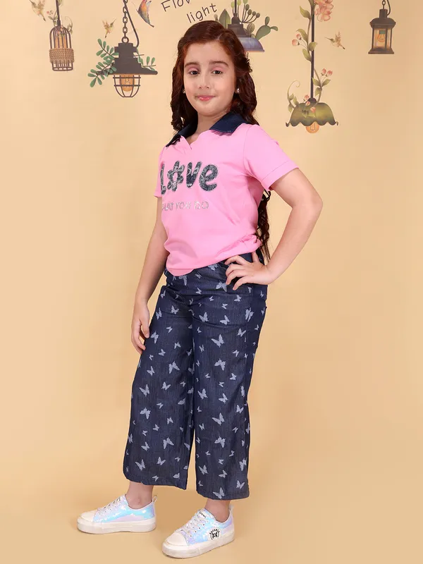 Girls_Pink_Top_Pajama_Set_Collar_Neck_Short_Sleeve_Knit_Top_Silky_Denim_Bottom