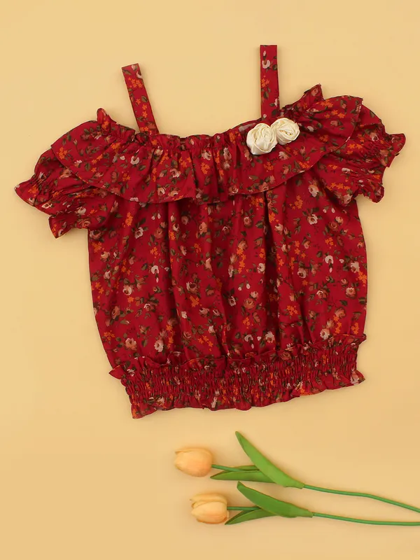 Girls_Maroon_Grey_Floral_Print_Top,_Cotton_Knit_Stylish_T-Shirt_for_Kids_Ruffle_Off