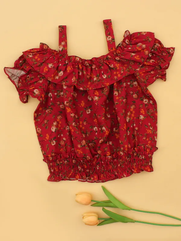 Girls_Maroon_Grey_Floral_Print_Top,_Cotton_Knit_Stylish_T-Shirt_for_Kids_Ruffle_Off