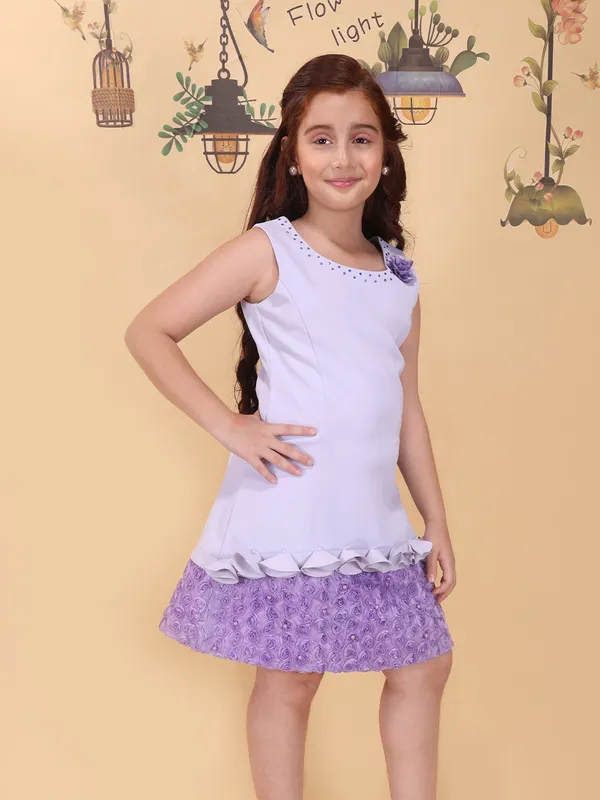 Girls_Purple_A-Line_Knee_Length_Dress_Round_Neck_Sleeveless_Floral_Breathable_Fabric