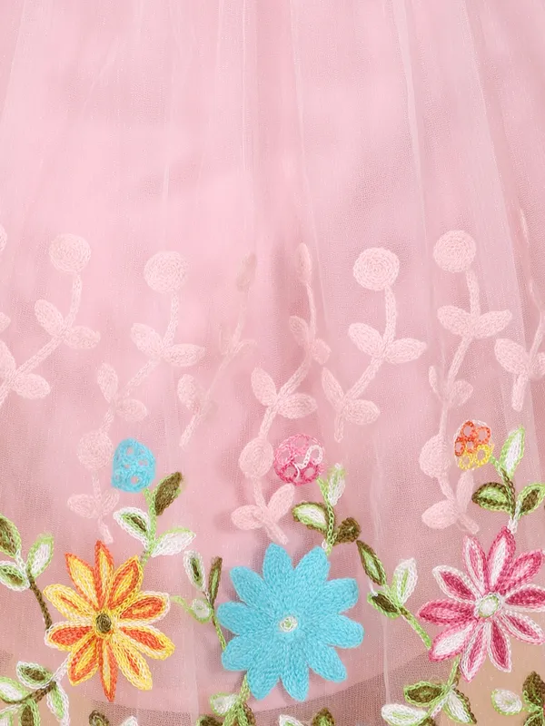 Girls_Pink_Fit_Flare_Knee_Length_Dress_Round_Neck_Sleeveless_Embroidery_Net_Partywear