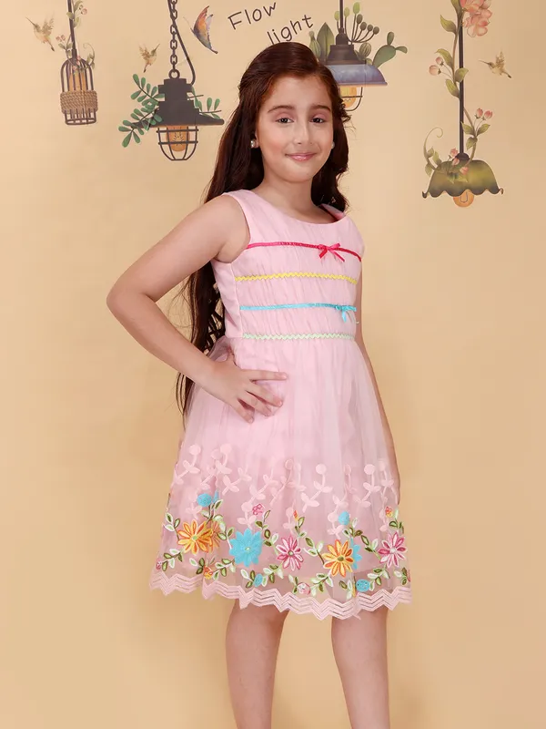 Girls_Pink_Fit_Flare_Knee_Length_Dress_Round_Neck_Sleeveless_Embroidery_Net_Partywear