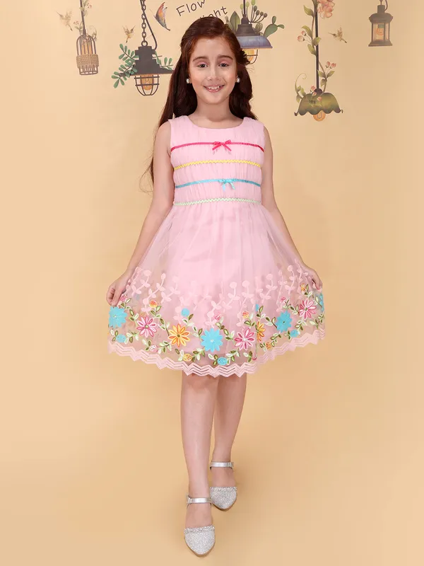 Girls_Pink_Fit_Flare_Knee_Length_Dress_Round_Neck_Sleeveless_Embroidery_Net_Partywear