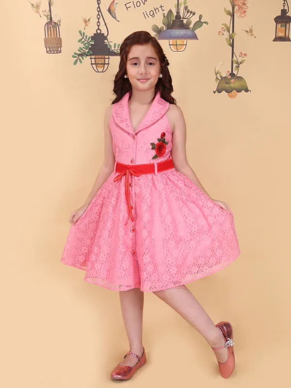 Girls_Yellow_Fit_Flare_Knee_Length_Dress_Collar_Neck_Sleeveless_Lace_Net_Partywear