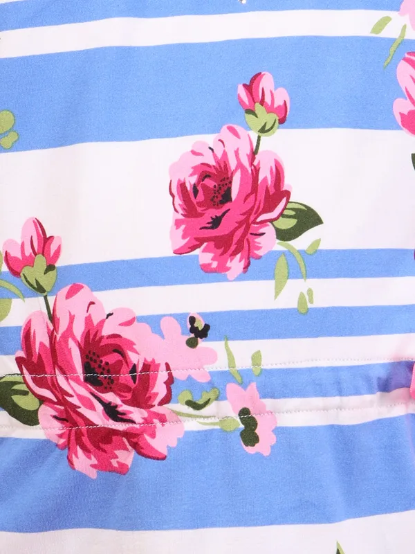 Girls_Blue_Floral_Striped_Printed_Top_Round_Neck_Short_Sleeves_Summer_Casual_T-Shirt