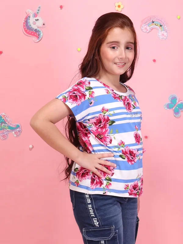 Girls_Blue_Floral_Striped_Printed_Top_Round_Neck_Short_Sleeves_Summer_Casual_T-Shirt