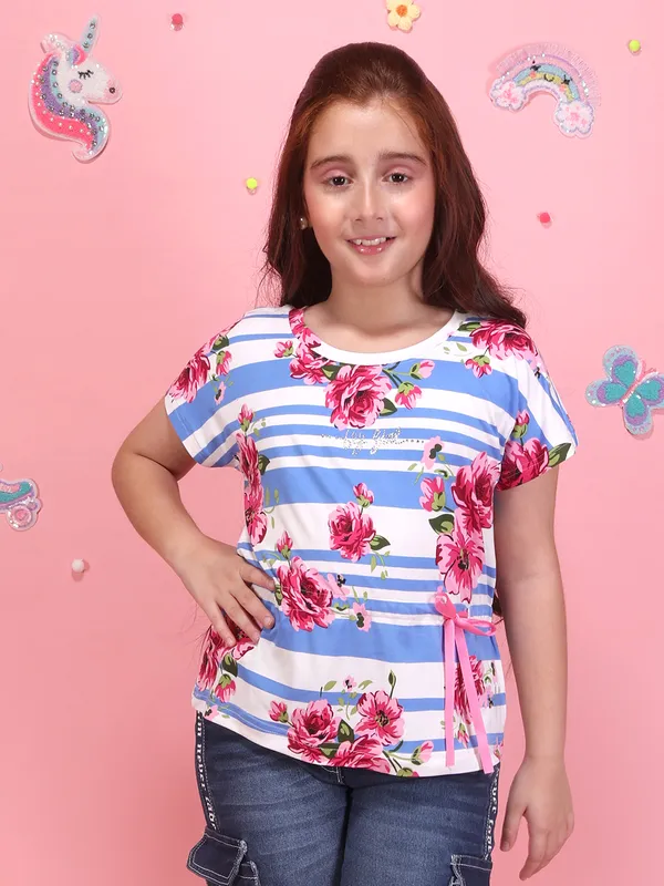 Girls_Blue_Floral_Striped_Printed_Top_Round_Neck_Short_Sleeves_Summer_Casual_T-Shirt
