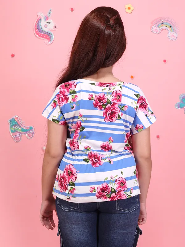 Girls_Blue_Floral_Striped_Printed_Top_Round_Neck_Short_Sleeves_Summer_Casual_T-Shirt