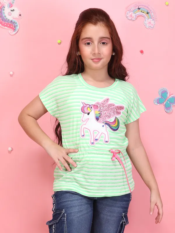 Girls_Green_Floral_Striped_Printed_Top_Round_Neck_Short_Sleeves_Summer_Casual_T-Shirt