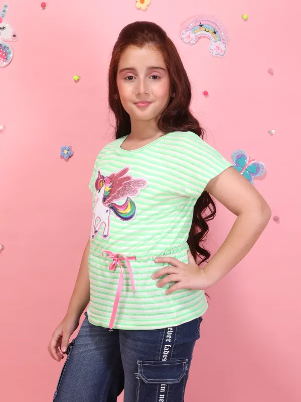Girls_Green_Floral_Striped_Printed_Top_Round_Neck_Short_Sleeves_Summer_Casual_T-Shirt