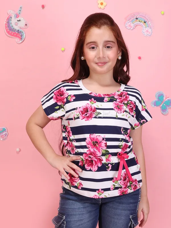 Girls_Navy_Floral_Striped_Printed_Top_Round_Neck_Short_Sleeves_Summer_Casual_T-Shirt