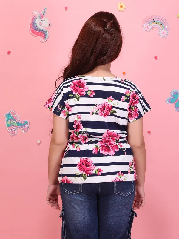 Girls_Navy_Floral_Striped_Printed_Top_Round_Neck_Short_Sleeves_Summer_Casual_T-Shirt