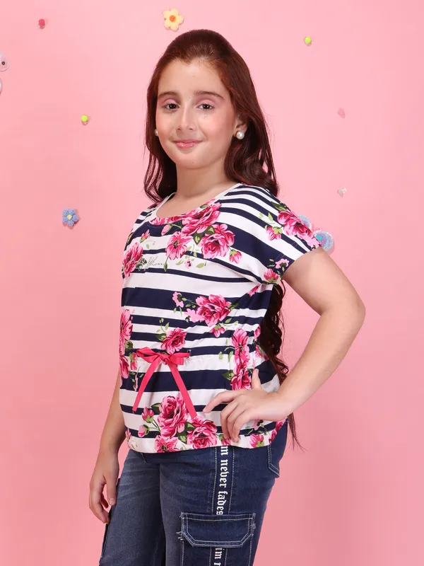 Girls_Navy_Floral_Striped_Printed_Top_Round_Neck_Short_Sleeves_Summer_Casual_T-Shirt