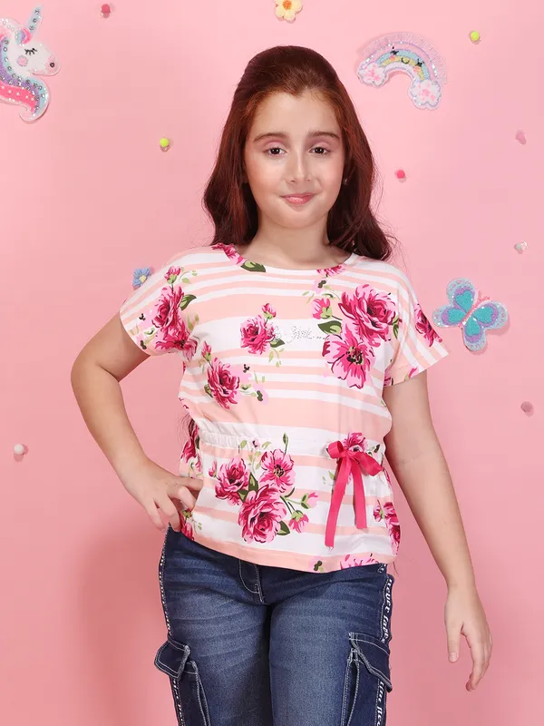 Girls_Peach_Floral_Striped_Printed_Top_Round_Neck_Short_Sleeves_Summer_Casual_T-Shirt