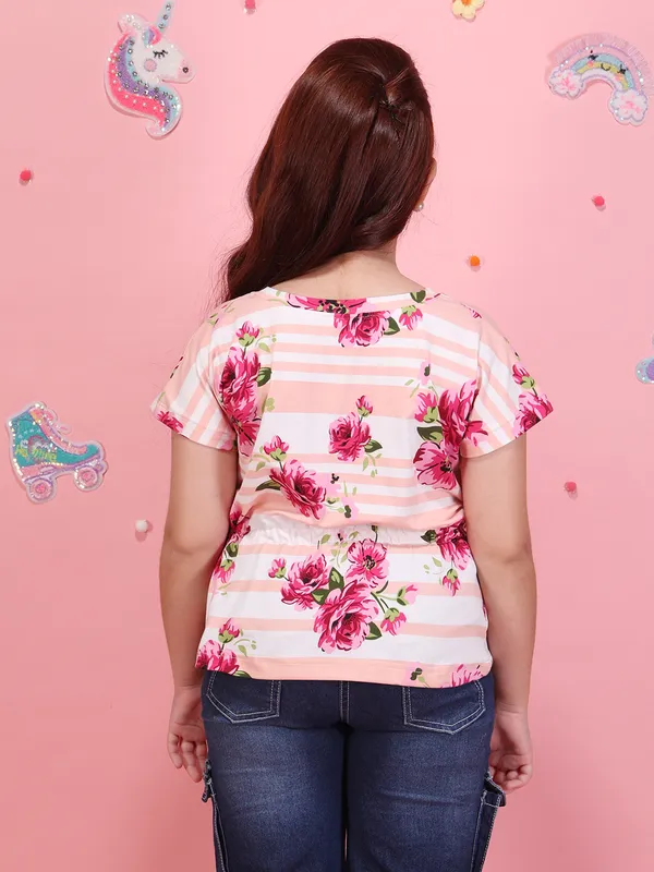 Girls_Peach_Floral_Striped_Printed_Top_Round_Neck_Short_Sleeves_Summer_Casual_T-Shirt