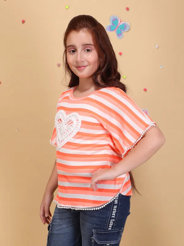 Girls_Coralpink_Striped_Poncho_Top_with_Round_Neck_Short_Sleeves_Lace_Detail_T-Shirt