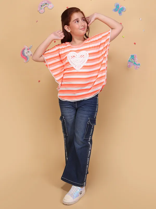 Girls_Coralpink_Striped_Poncho_Top_with_Round_Neck_Short_Sleeves_Lace_Detail_T-Shirt