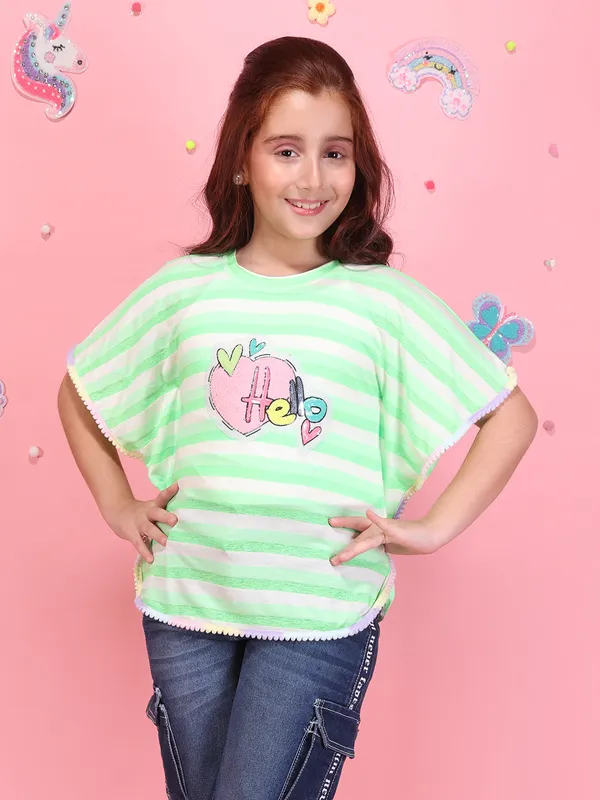 Girls_Greenpink_Striped_Poncho_Top_Round_Neck_Short_Sleeves_Lace_Detail_Knit_T-Shirt