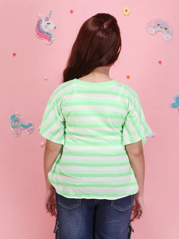 Girls_Greenpink_Striped_Poncho_Top_Round_Neck_Short_Sleeves_Lace_Detail_Knit_T-Shirt
