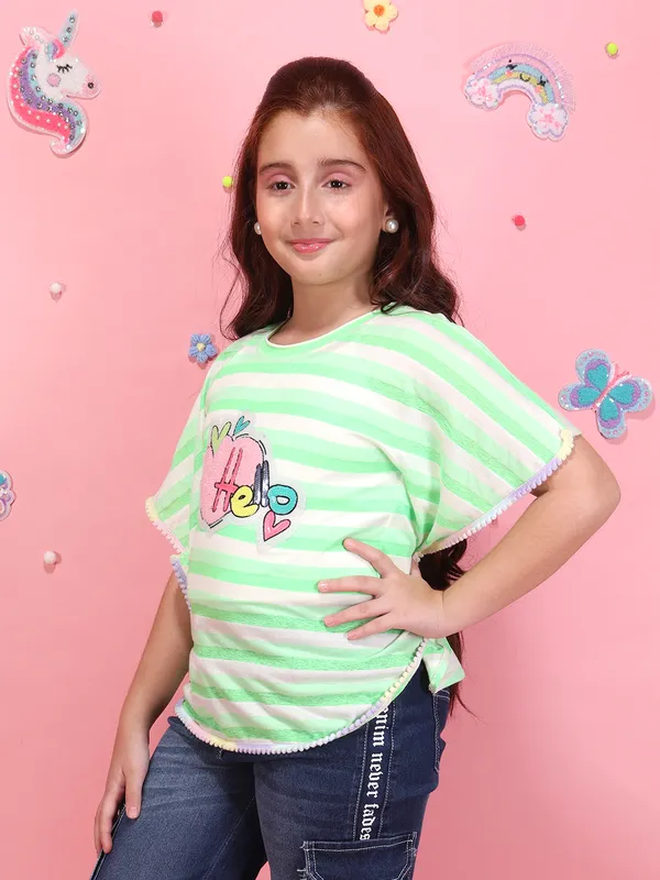 Girls_Greenpink_Striped_Poncho_Top_Round_Neck_Short_Sleeves_Lace_Detail_Knit_T-Shirt