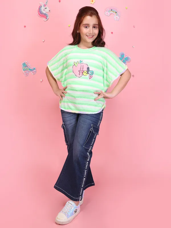 Girls_Greenpink_Striped_Poncho_Top_Round_Neck_Short_Sleeves_Lace_Detail_Knit_T-Shirt