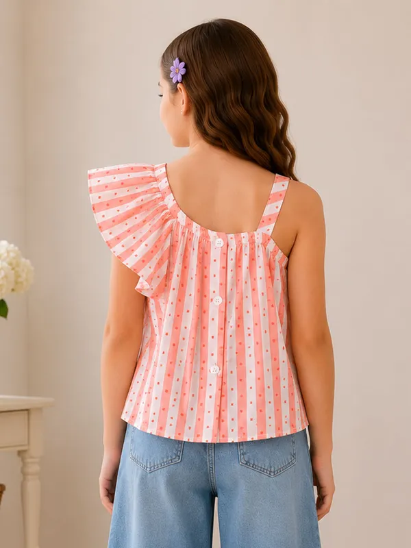 Girls_Coral_Pink_Striped_One_Shoulder_Top_Flutter_Sleeve_Floral_Applique_Knit_T-Shirt