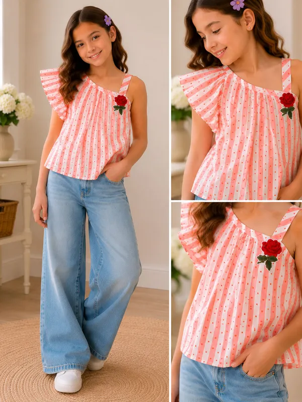 Girls_Coral_Pink_Striped_One_Shoulder_Top_Flutter_Sleeve_Floral_Applique_Knit_T-Shirt