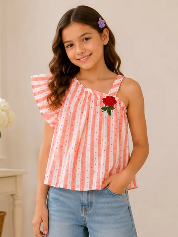 Girls_Coral_Pink_Striped_One_Shoulder_Top_Flutter_Sleeve_Floral_Applique_Knit_T-Shirt