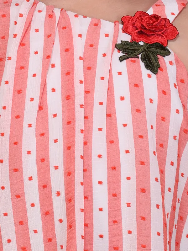 Girls_Coral_Pink_Striped_One_Shoulder_Top_Flutter_Sleeve_Floral_Applique_Knit_T-Shirt