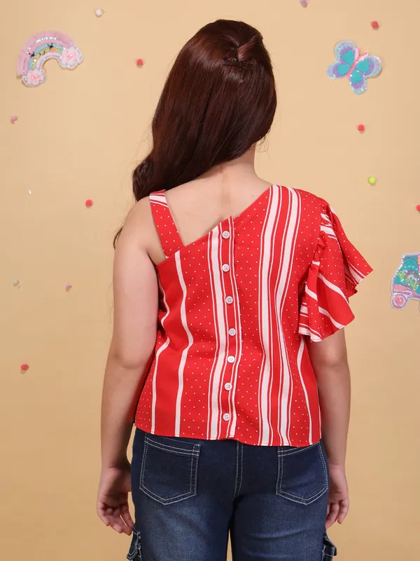 Girls_Red_Striped_One_Shoulder_Top_with_Flutter_Sleeve_Floral_Applique_Knit_T-Shirt