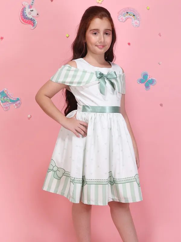 Cutecumber_Girls_White_Green_Fit_&_Flare_Dress_with_Striped_Cold_Shoulder_Sleeves_Bow_Detail_Printed_Cotton_Party_Casual_Outfit_for_Baby_Girls_&_Kids_Age_1-15_Yrs