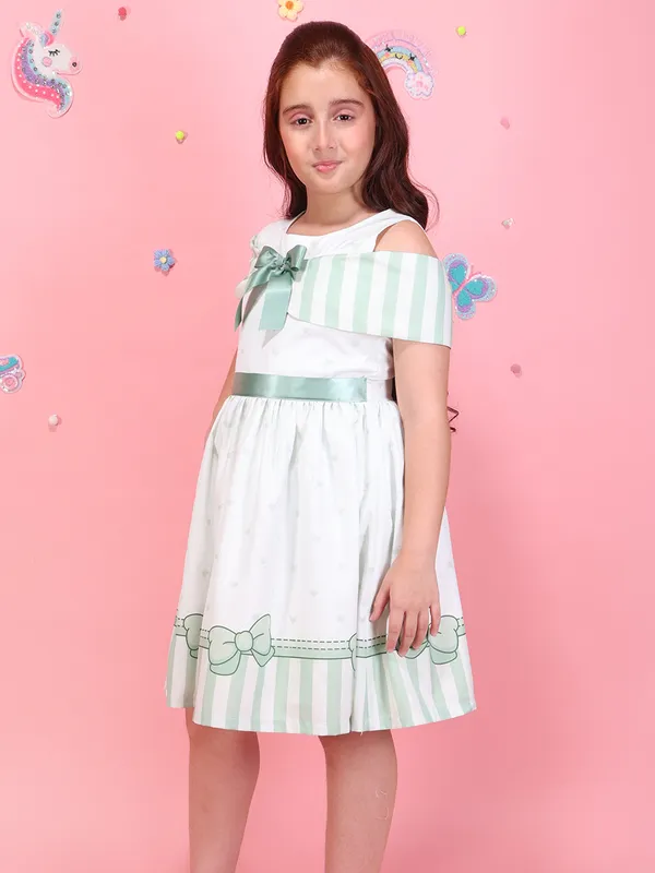 Cutecumber_Girls_White_Green_Fit_&_Flare_Dress_with_Striped_Cold_Shoulder_Sleeves_Bow_Detail_Printed_Cotton_Party_Casual_Outfit_for_Baby_Girls_&_Kids_Age_1-15_Yrs