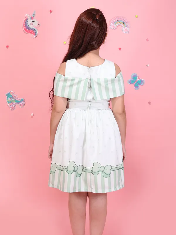 Cutecumber_Girls_White_Green_Fit_&_Flare_Dress_with_Striped_Cold_Shoulder_Sleeves_Bow_Detail_Printed_Cotton_Party_Casual_Outfit_for_Baby_Girls_&_Kids_Age_1-15_Yrs